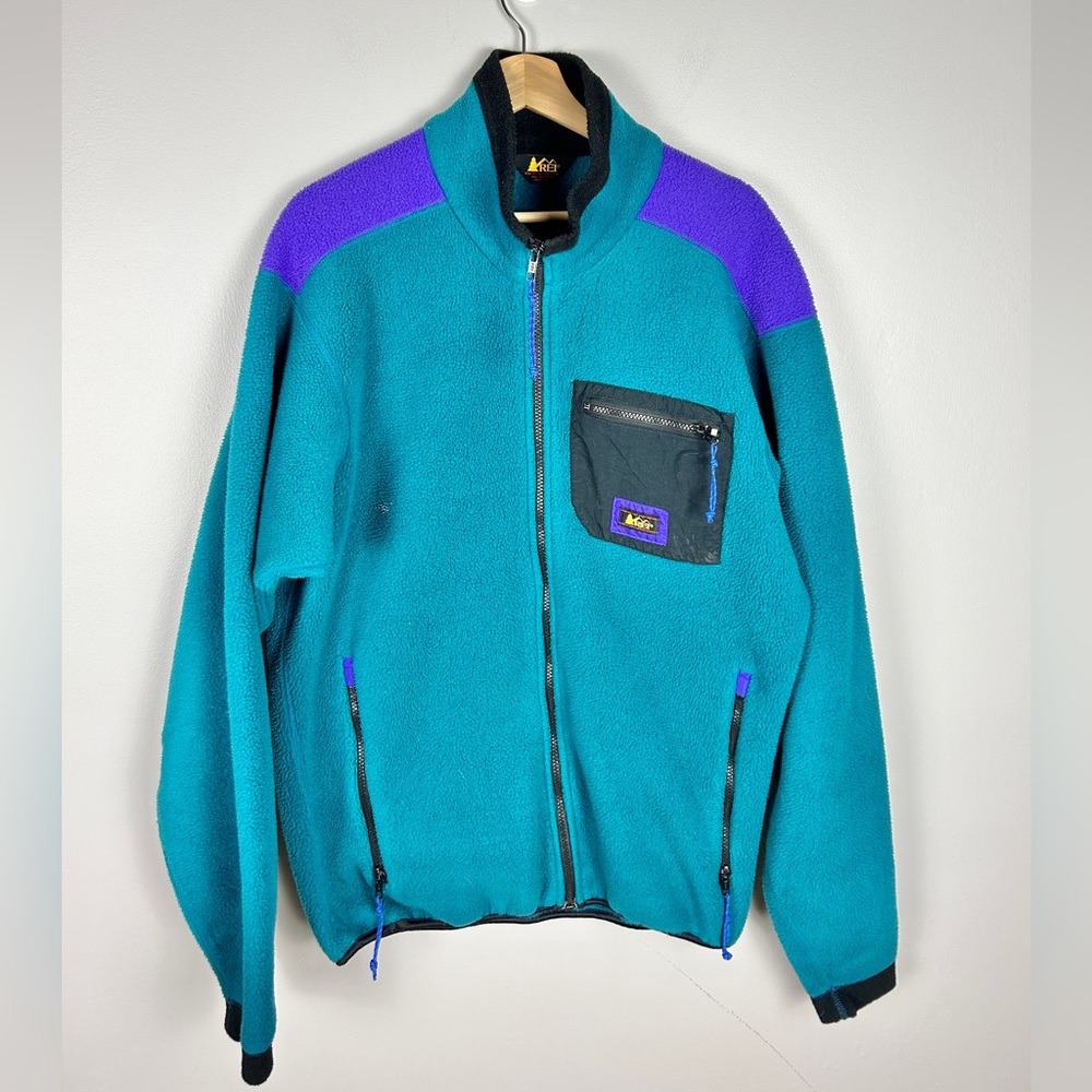 VINTAGE 80s/90s REI Fleece Jacket Men's Large Teal Purple Hiking Dad Retro Sport